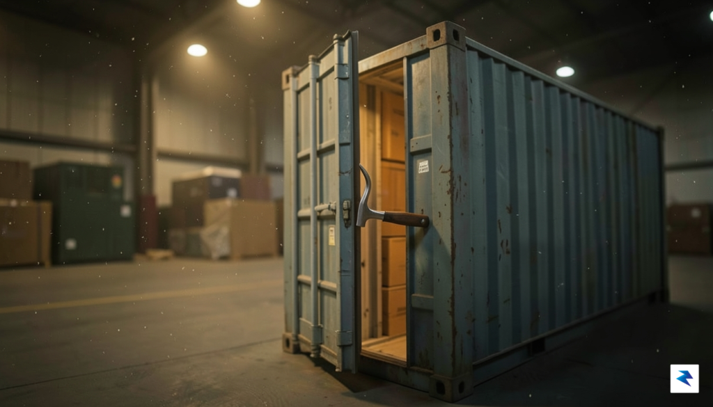 A close-up, high-angle shot of a shipping container door being&hellip;
