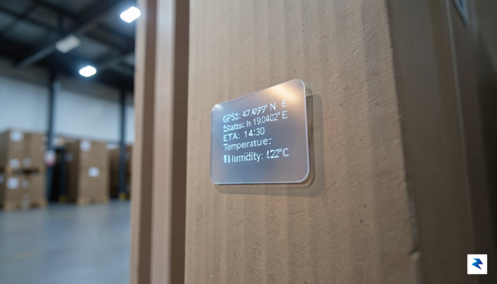 A close-up, high-tech photograph showing a smart adhesive label on&hellip;