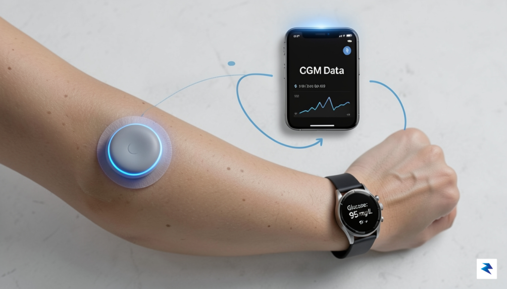 A technical diagram showing a CGM sensor sending data via…