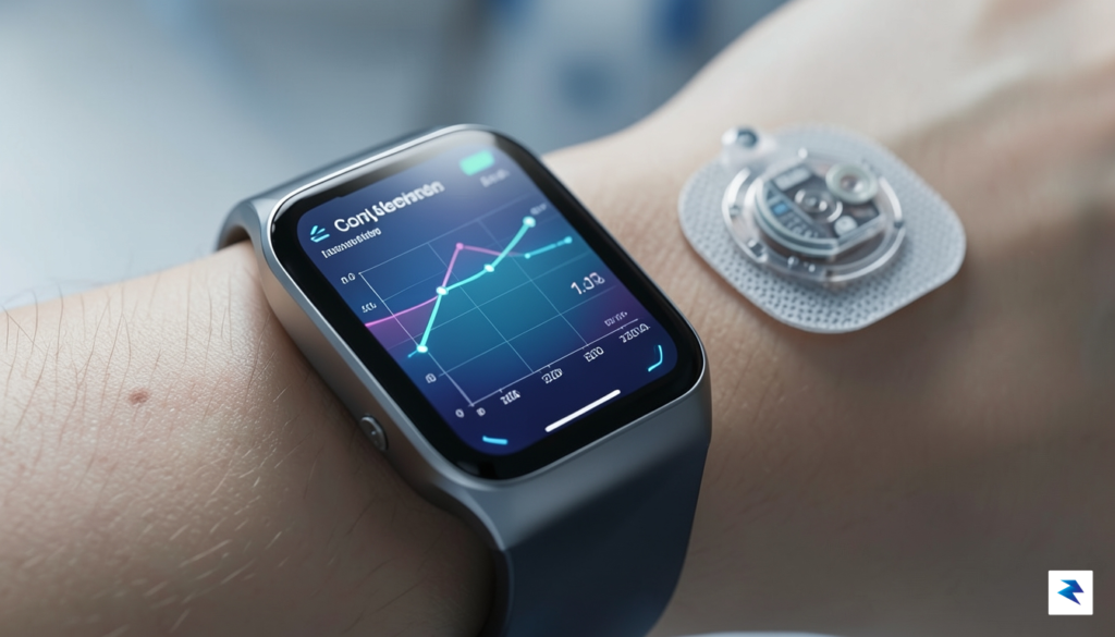 A close-up, high-tech illustration showing a Galaxy Watch screen displaying…