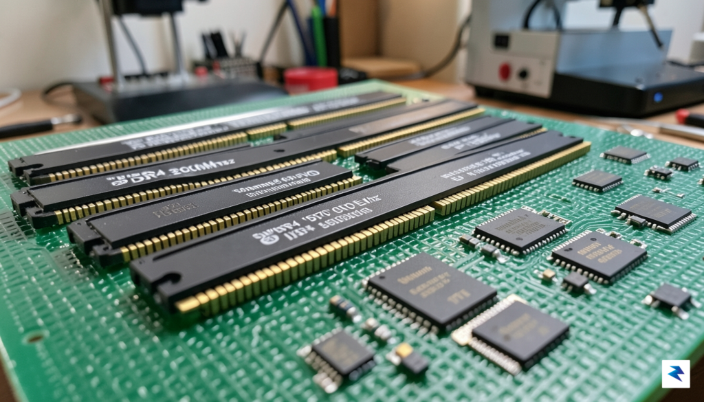 A close-up shot of various memory chips (RAM sticks, SSDs,&hellip;