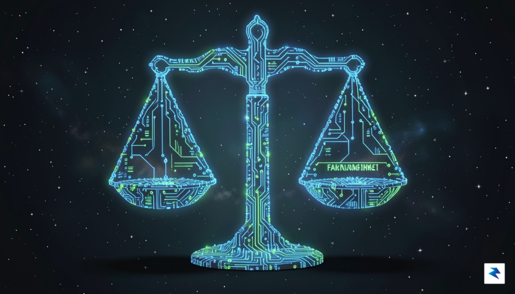 A conceptual digital illustration showing a complex, glowing interconnected circuit&hellip;