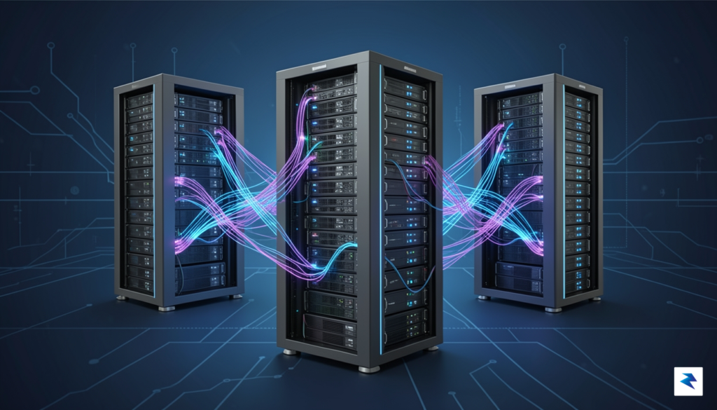 A conceptual digital illustration showing three interconnected server-room racks with&hellip;
