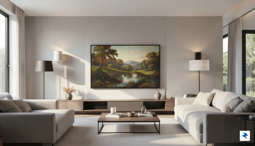 A sleek, modern living room featuring a Samsung The Frame&hellip;