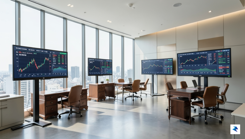 A modern, sleek office interior in Tokyo featuring digital displays&hellip;