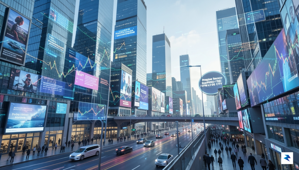 A vibrant, futuristic cityscape with digital overlays showing stock market…