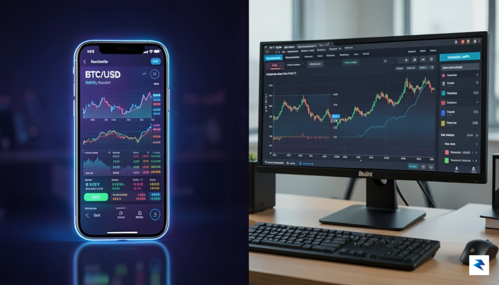 A sleek, split-screen infographic comparing a digital, glowing crypto-trading interface…