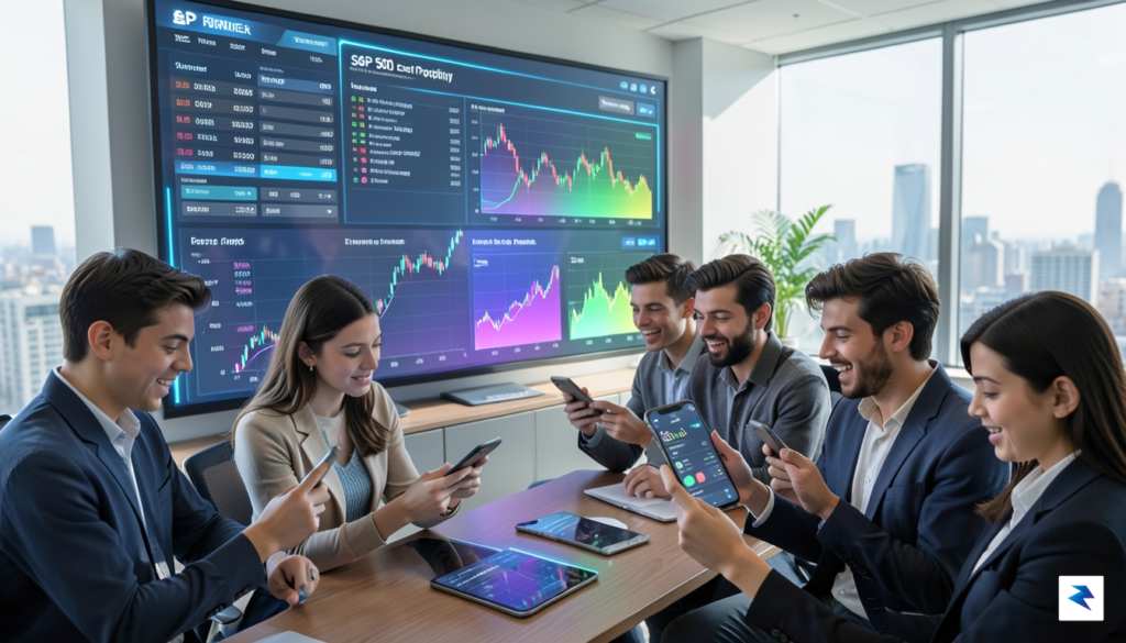 A conceptual digital illustration showing a classic brokerage office interface…