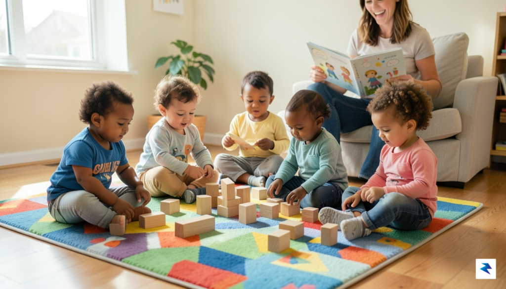 A diverse group of toddlers sitting on a colorful rug&hellip;