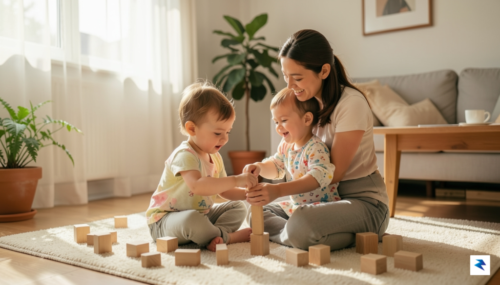 A warm, sunlit living room where a toddler and a&hellip;