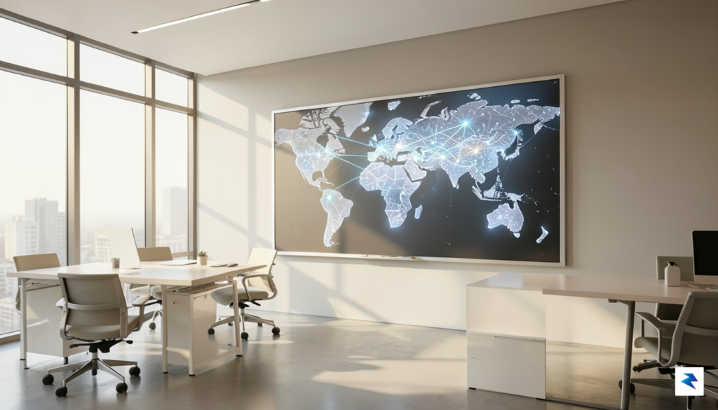 A modern, minimalist office space with a digital whiteboard displaying&hellip;