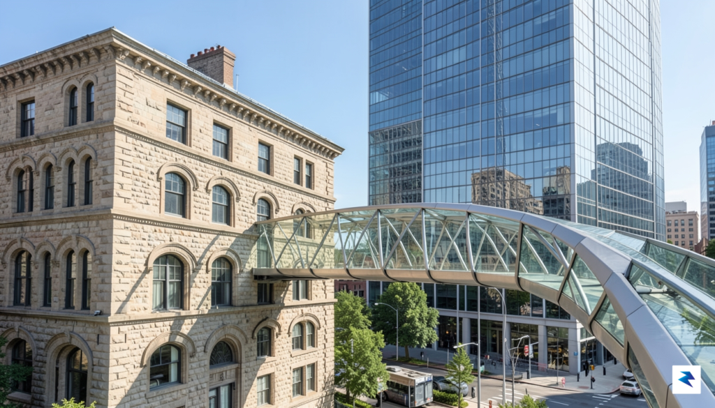 A modern, high-tech glass office bridge connecting a European-style historic&hellip;