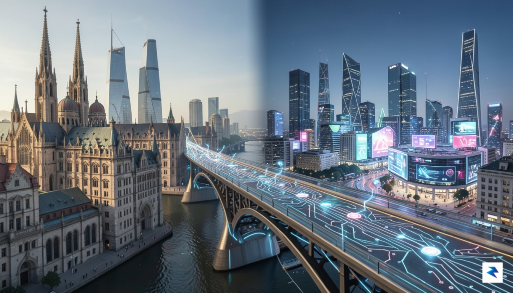 A conceptual digital illustration showing a bridge connecting a stylized&hellip;