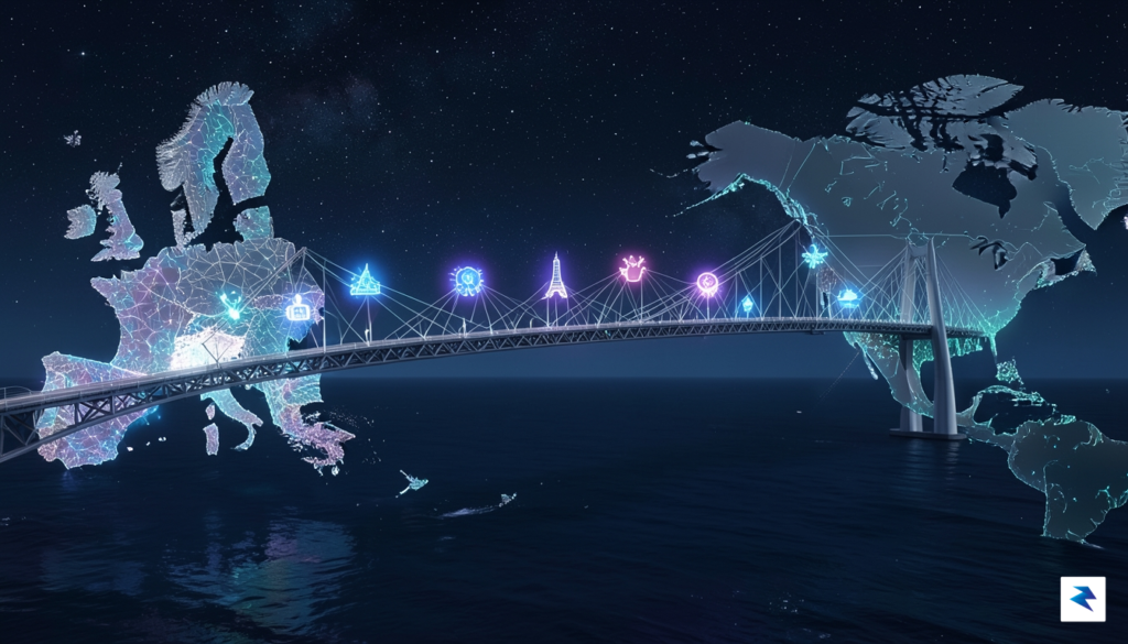A conceptual digital illustration showing a bridge connecting a stylized&hellip;