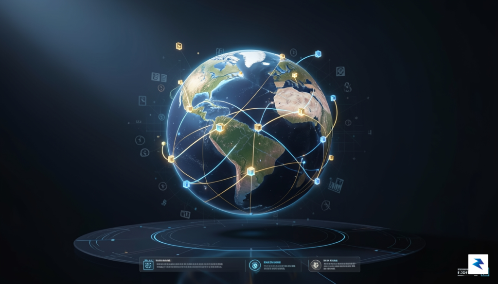 A conceptual illustration showing a digital globe integrated with blockchain&hellip;