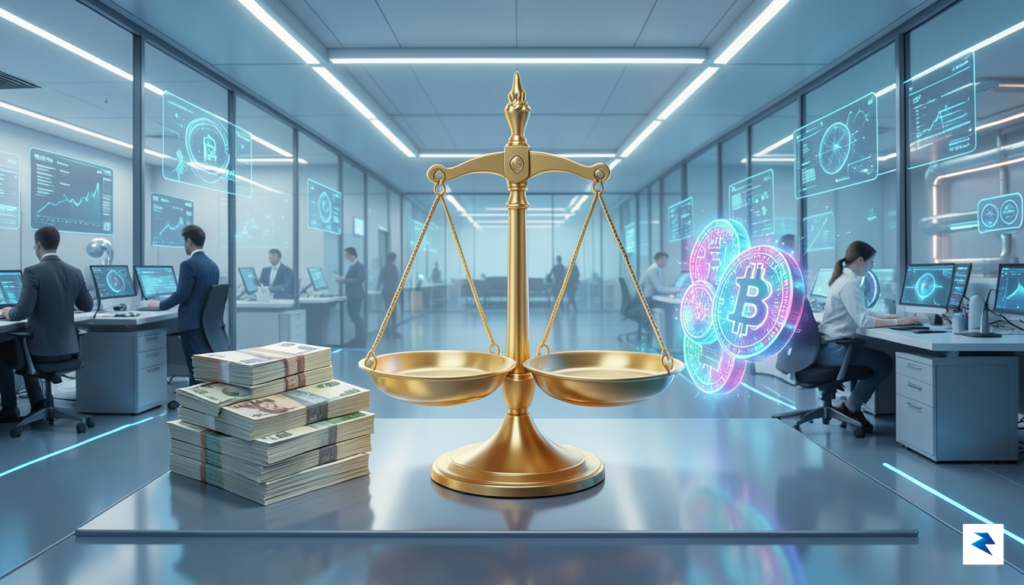 A conceptual digital illustration showing a golden scale balancing a&hellip;