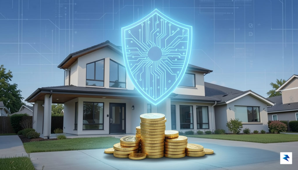 A conceptual illustration showing a digital shield protecting a physical&hellip;