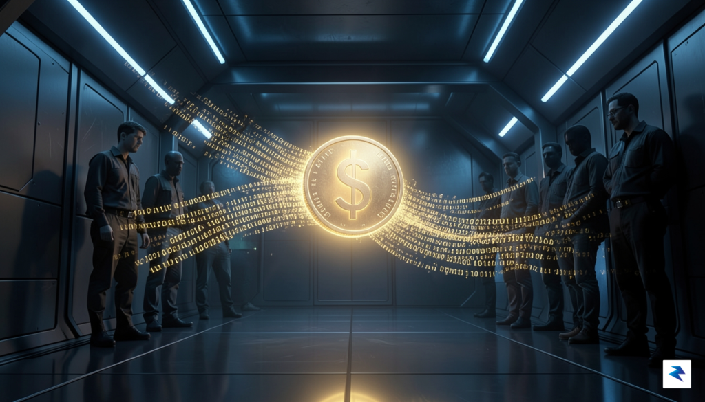 A conceptual digital illustration showing a glowing, transparent dollar coin&hellip;
