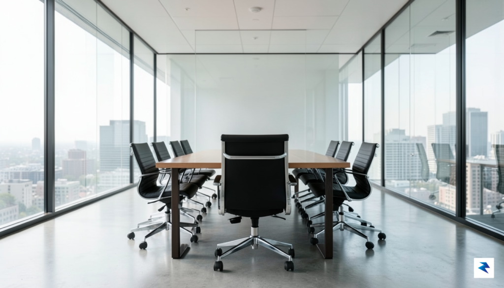 A modern, minimalist glass-walled boardroom meeting space viewed from the&hellip;