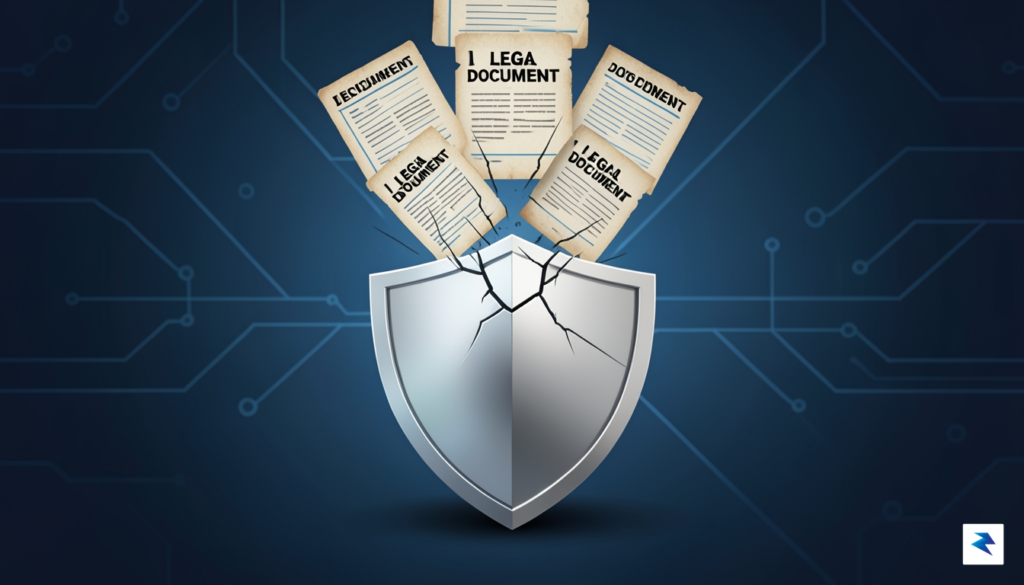 A conceptual illustration showing a digital shield icon being cracked&hellip;
