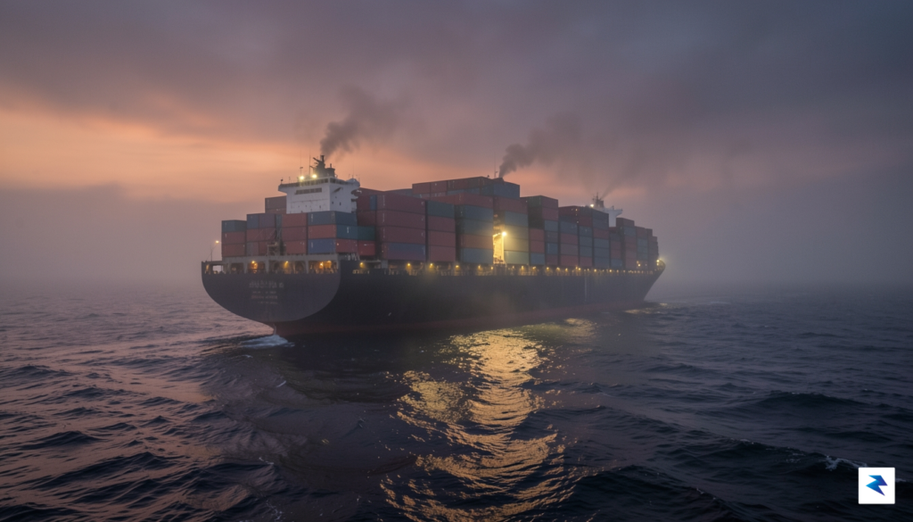 A wide-angle shot of a massive container ship navigating through&hellip;