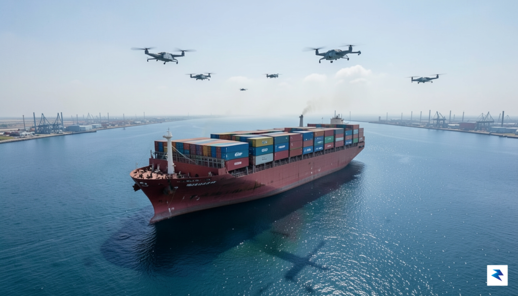 A wide-angle aerial shot of a massive commercial container ship&hellip;