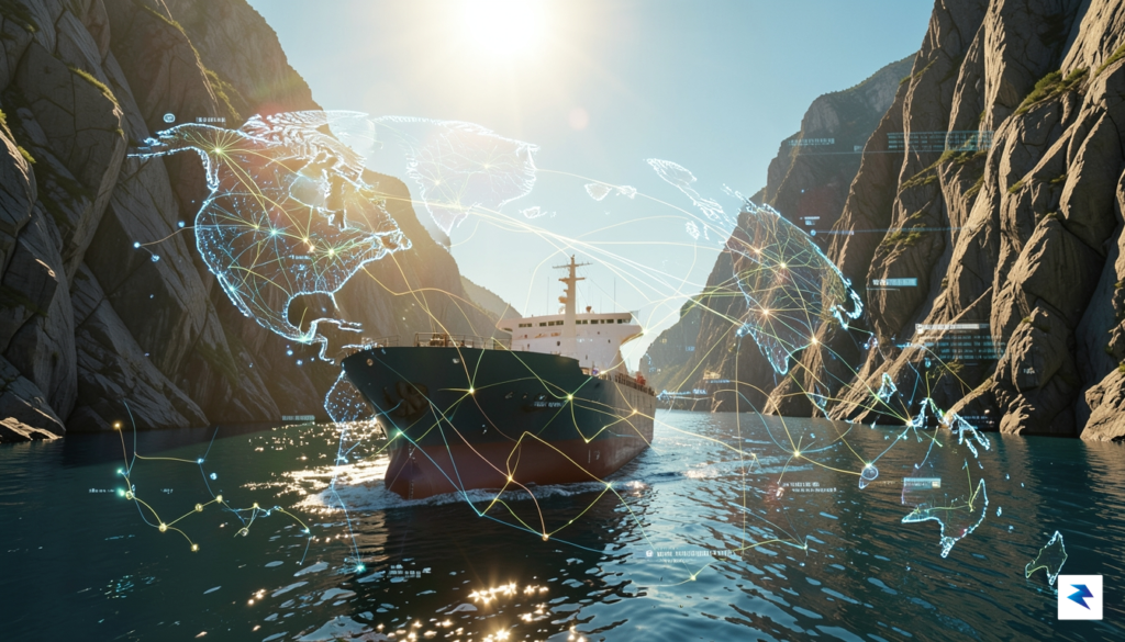 A wide-angle digital illustration showing a modern oil tanker navigating&hellip;