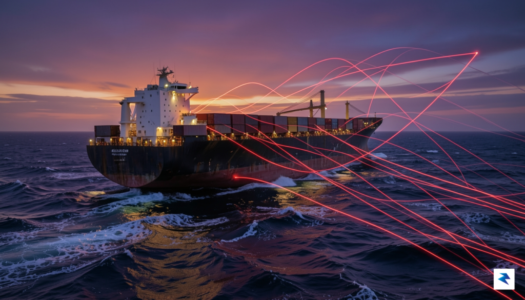 A wide-angle digital illustration showing a massive cargo ship navigating&hellip;