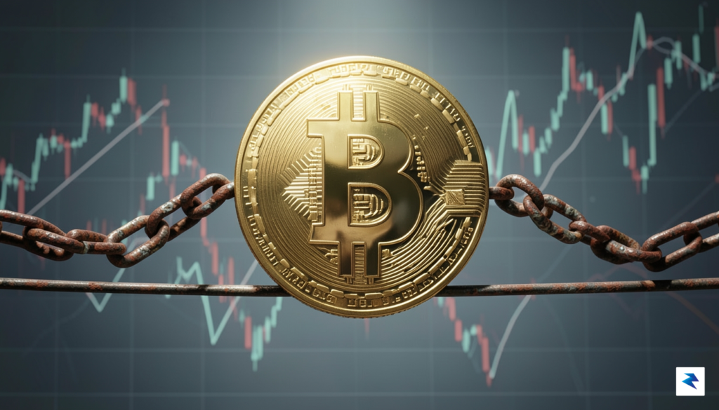 A conceptual digital illustration showing a golden Bitcoin symbol balanced…