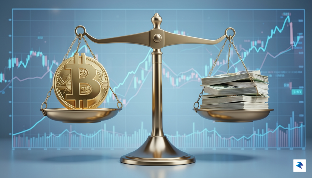 A conceptual digital illustration showing a balanced scale, with a…