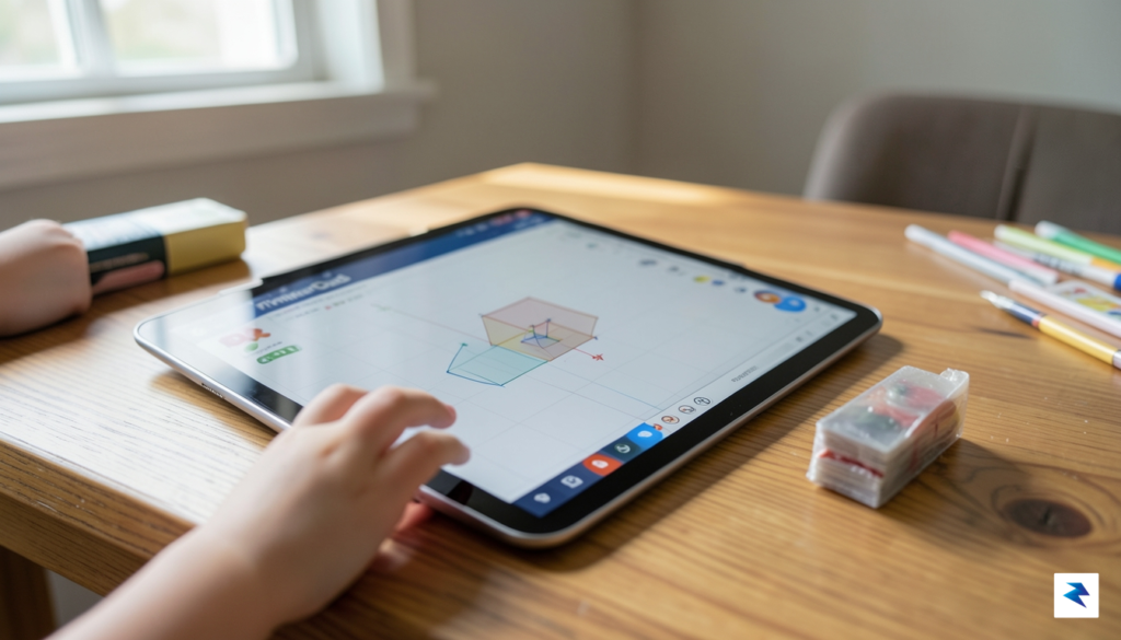 A child's hand interacting with a tablet displaying TinkerCAD software,&hellip;