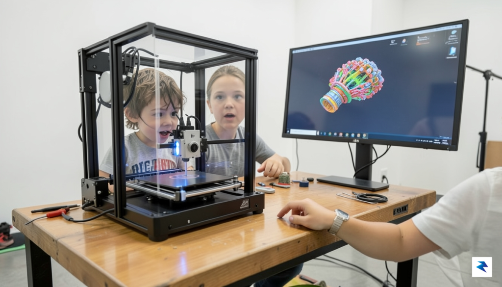 A child excitedly watching a 3D printer with an open&hellip;