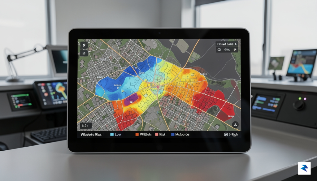 A modern, high-tech dashboard screen displaying a digital map of&hellip;