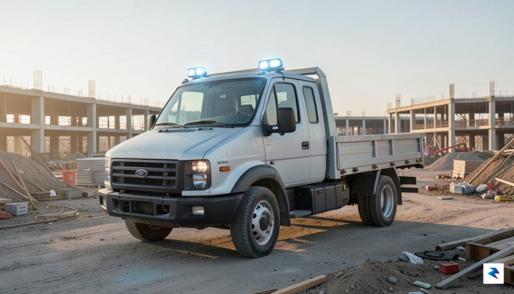 A wide-angle shot of a minimalist, rugged electric utility truck…