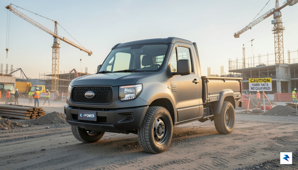 A wide-angle shot of a minimalist, industrial-grade electric pickup truck…