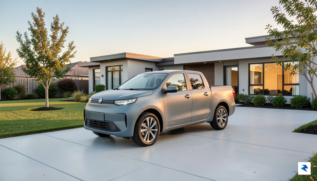 A sleek, minimalist electric pickup truck parked in a bright,…