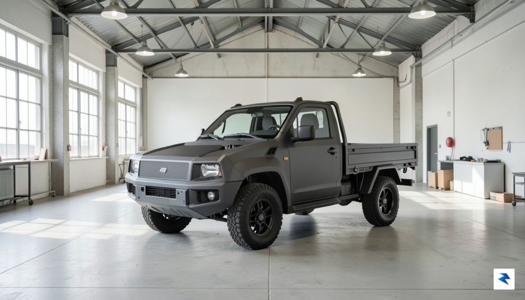A clean, wide-angle shot of a minimalist, utilitarian electric pickup…