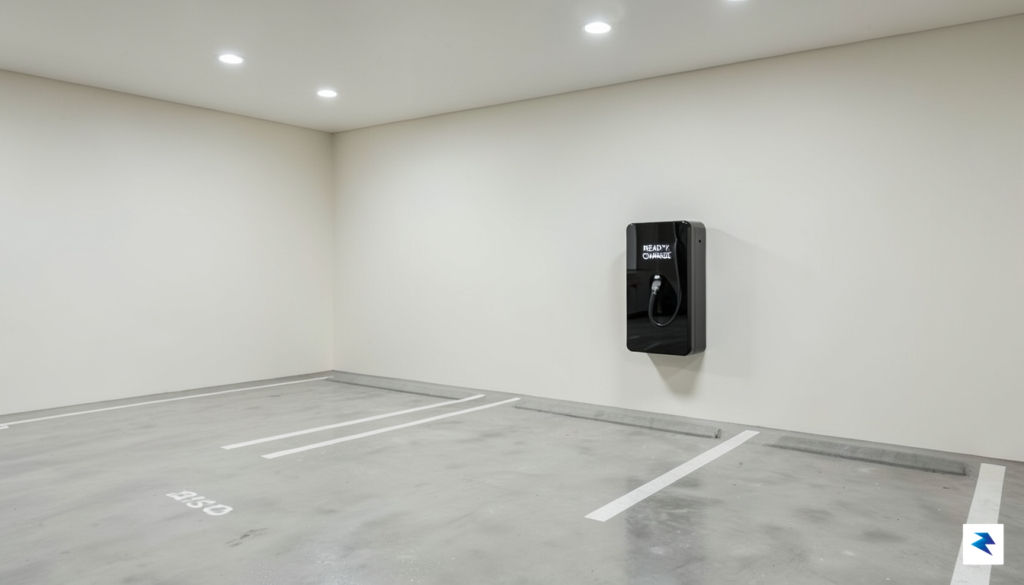 A modern, minimalist garage setup featuring a sleek wall-mounted electric…