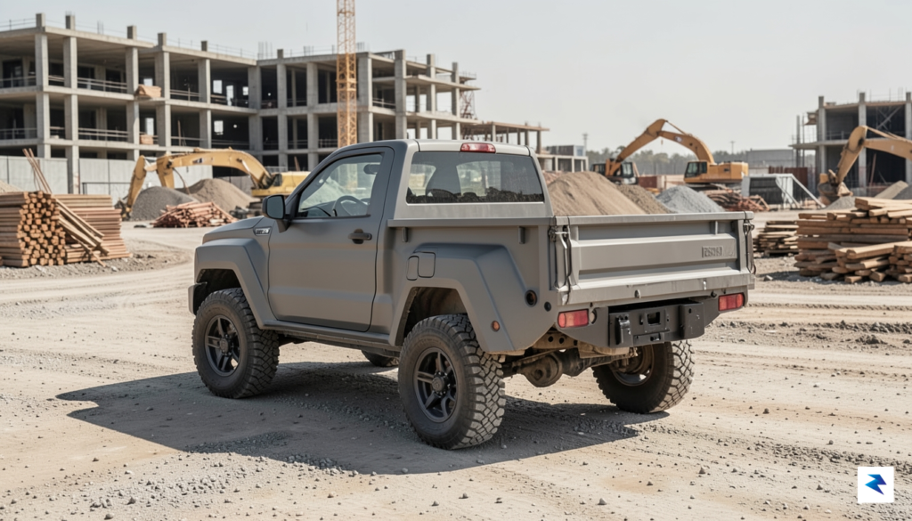 A wide-angle shot of a minimalist, rugged electric pickup truck…
