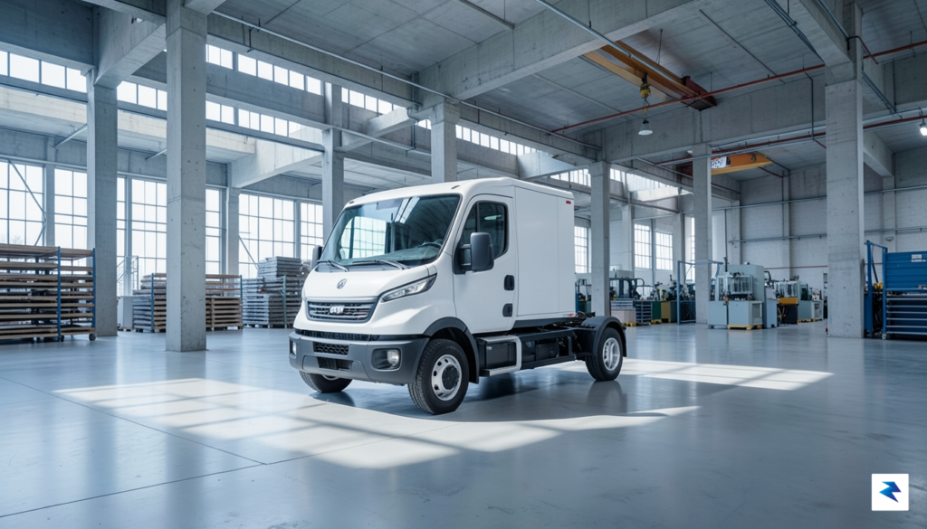 A wide-angle shot of a minimalist, modern electric truck parked…