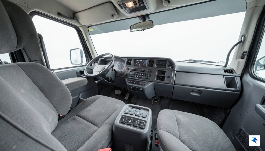 A wide-angle interior shot of a minimalist, industrial-style truck cabin…