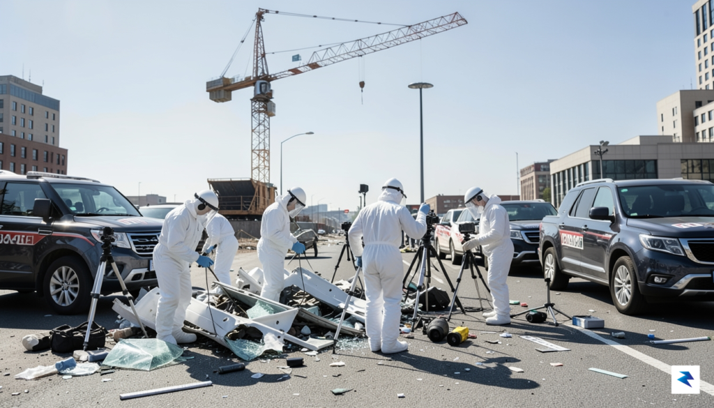 A detailed rendering of investigators in protective gear examining wreckage&hellip;