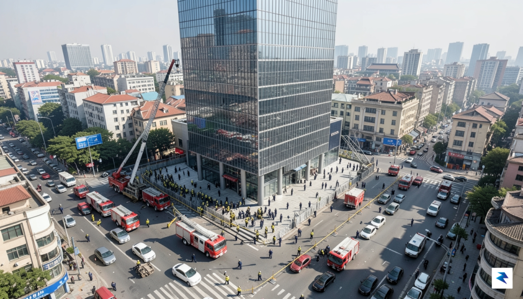 An aerial view of first responders and emergency vehicles surrounding&hellip;