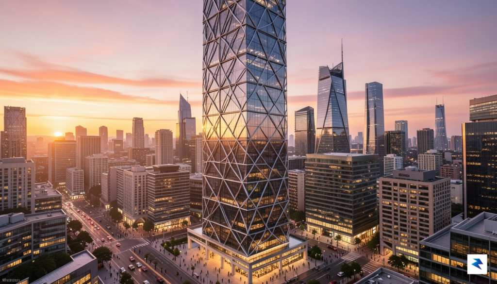 A wide-angle architectural rendering showing a modern skyscraper with reinforced&hellip;