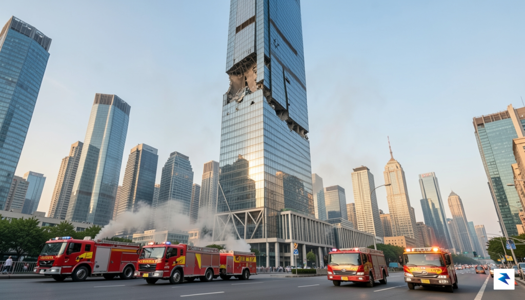 A wide-angle shot of the Beijing skyline with emergency vehicles&hellip;