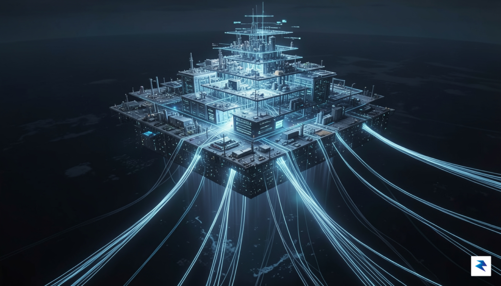 A conceptual digital illustration showing deep-rooted, glowing fiber-optic cables supporting…