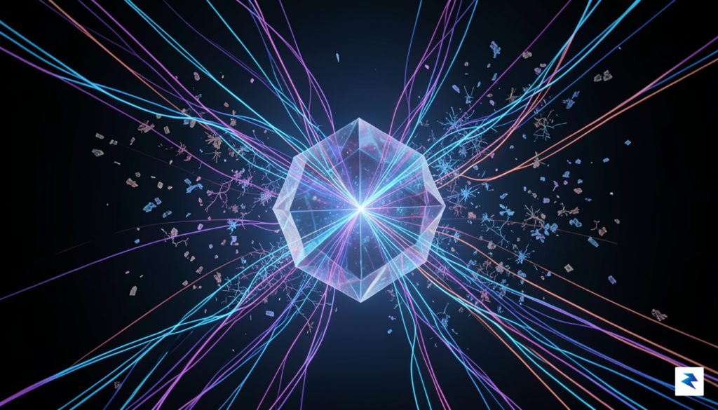 A conceptual digital visualization showing a complex, glowing network of…
