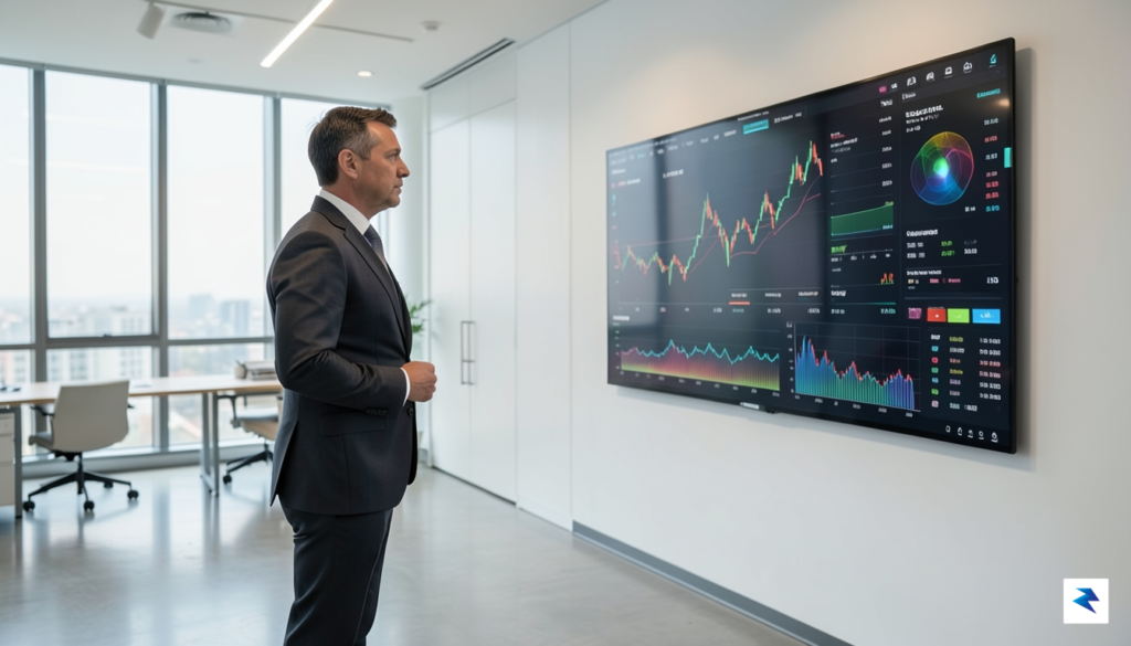 A modern, minimalist office environment with a professional investor looking…