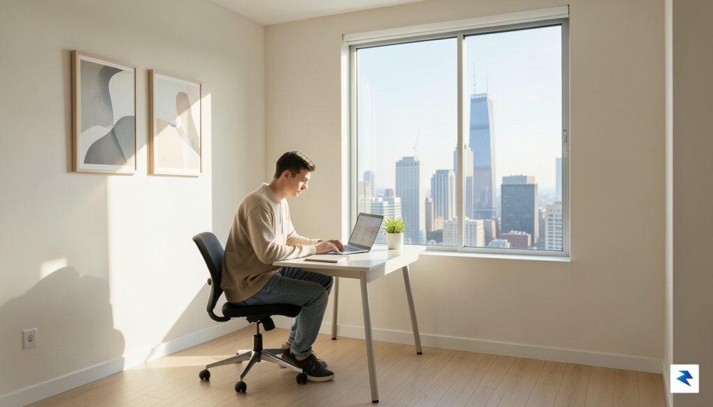 A minimalist, brightly lit studio apartment showing a young person&hellip;