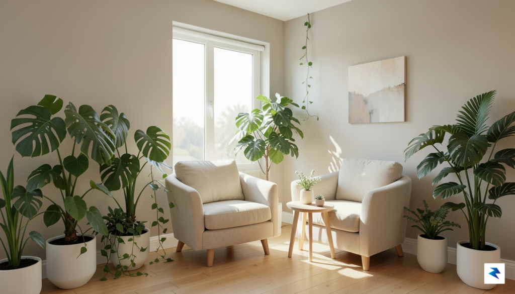 A minimalist, sunlit apartment living room filled with lush houseplants&hellip;